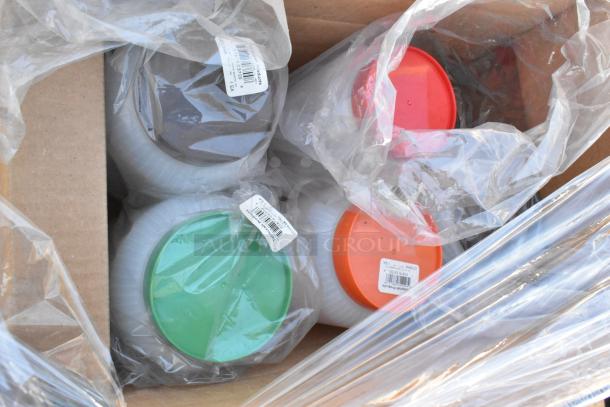 Box of 22 brand new scratch and dent items with colorful lids, including various kitchenware, wrapped in plastic, tagged with labels.