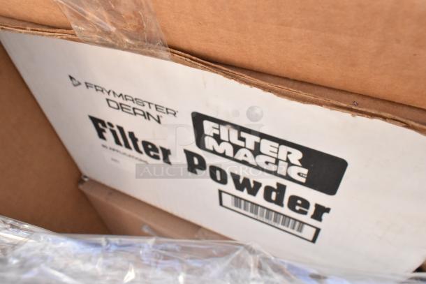 Box of Frymaster Dean Filter Magic Powder; includes various new scratch and dent items like Vertex bowls and Tuxton platters.