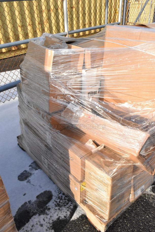 Plastic-wrapped pallet with assorted boxed items including Vertex ARG-79 deep bowls, Tuxton TRE-934 platters, and filter powder.