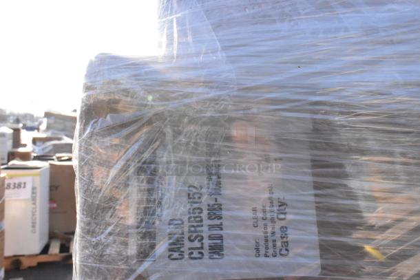 Plastic-wrapped pallet containing 32 brand new scratch and dent items, including Cambro CLSRB5152 clear dome lids, case labeled.