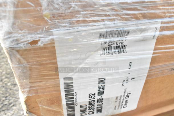 Box with clear plastic wrap and label showing "Cambro CLSRB5152" and "1,000/Case," indicating clear dome lids for Cambro bowls.