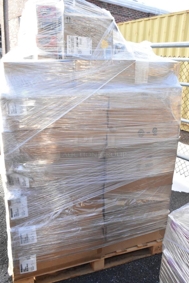Pallet of wrapped boxes labeled 'Scratch and Dent' containing Scotch Brite Scrub Pads and Cambro dome lids, brand new condition.