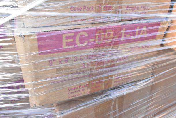 Pallet of boxed 30x scratch and dent items. Visible: GET EC-09 Jade Green 3-Compartment Container, packaged and wrapped.