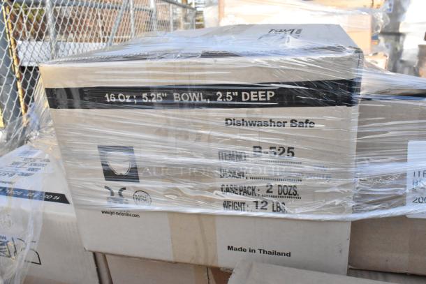 Sealed box containing 16 oz, 5.25" bowl, 2.5" deep, dishwasher safe, NSF certified. Case pack: 2 dozen. Made in Thailand.