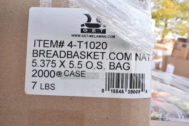 Label on a package showing "ITEM# 4-T1020" for BreadBasket.com. Dimensions are 5.375 x 5.5 inches, 2000 per case, 7 lbs.