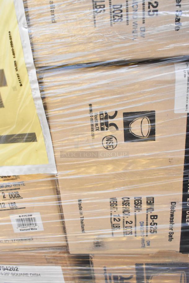 Boxes of brand new scratch and dent items, including Carlisle bowls and melamine dishes, wrapped in plastic.