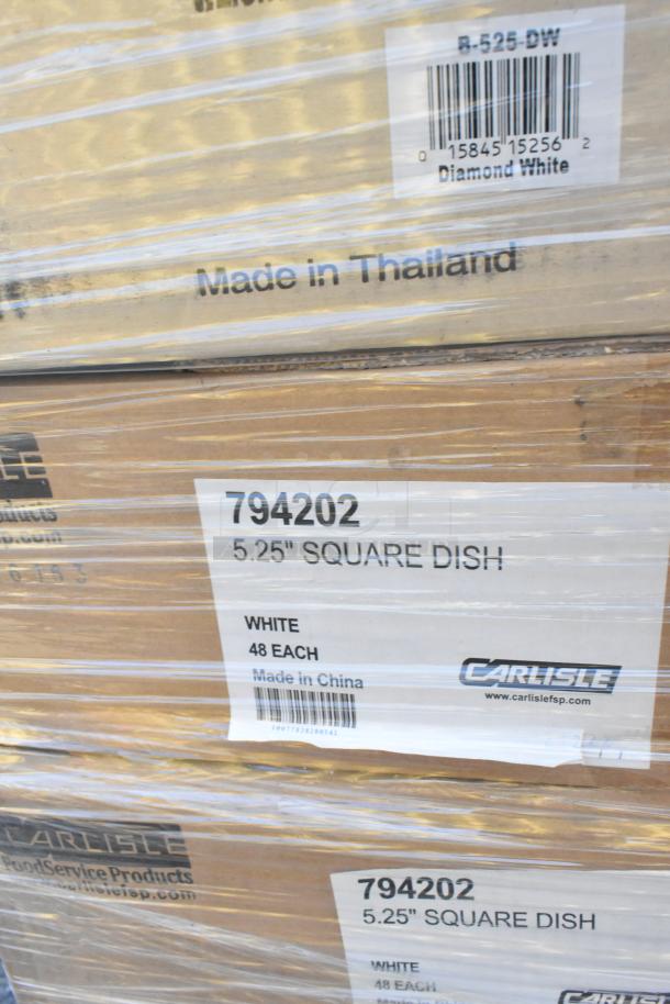 Boxes of new Carlisle 5.25" square dishes, model 794202, labeled in white, 48 per box, made in China.