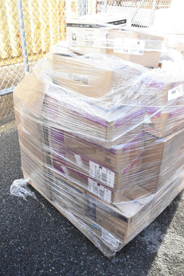 Pallet of 30 brand new scratch and dent items, including Carlisle and GET containers, wrapped in plastic.