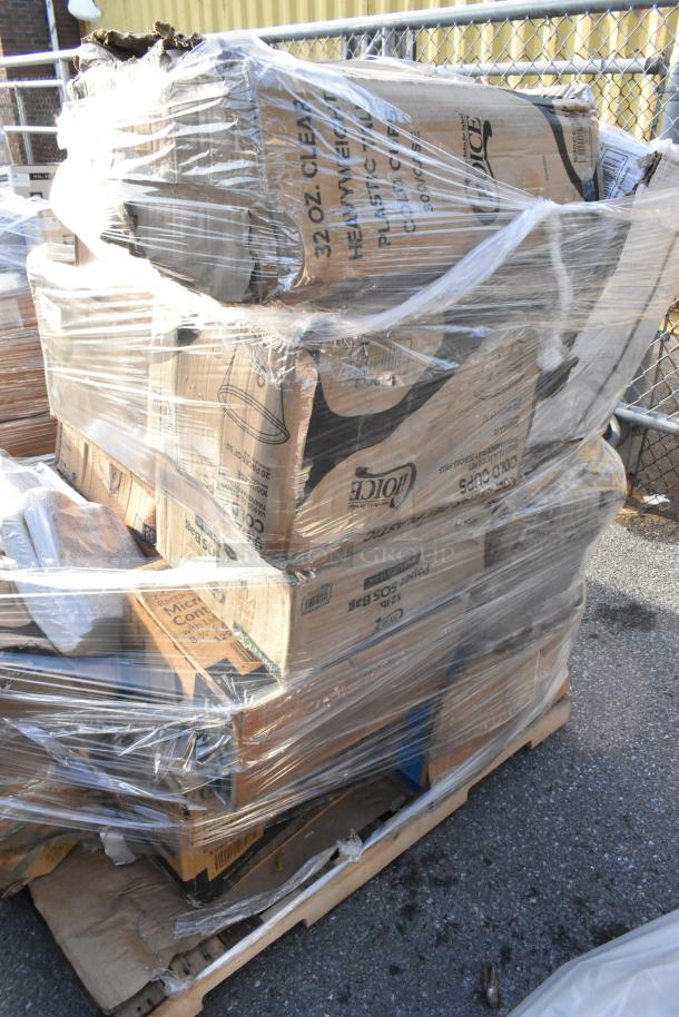 Pallet of 23 scratch and dent items, including cold cups and containers, wrapped in clear plastic, boxes labeled 32 oz. cups.