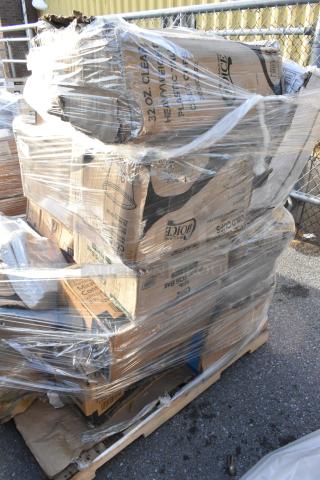 Pallet of 23 scratch and dent items, including cold cups and containers, wrapped in clear plastic, boxes labeled 32 oz. cups.