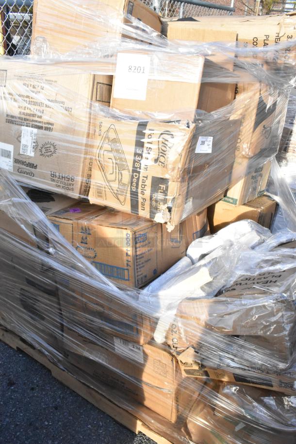 Pallet of 23 scratch and dent items including cold cups, containers, paper towels, and a lid organizer, wrapped in plastic.