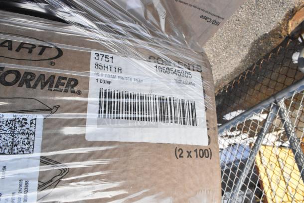 Plastic-wrapped pallet labeled "Medium Foam Hinged Tray, 85HT1R, 3751, 1 Compartment, 2x100," indicating new condition.