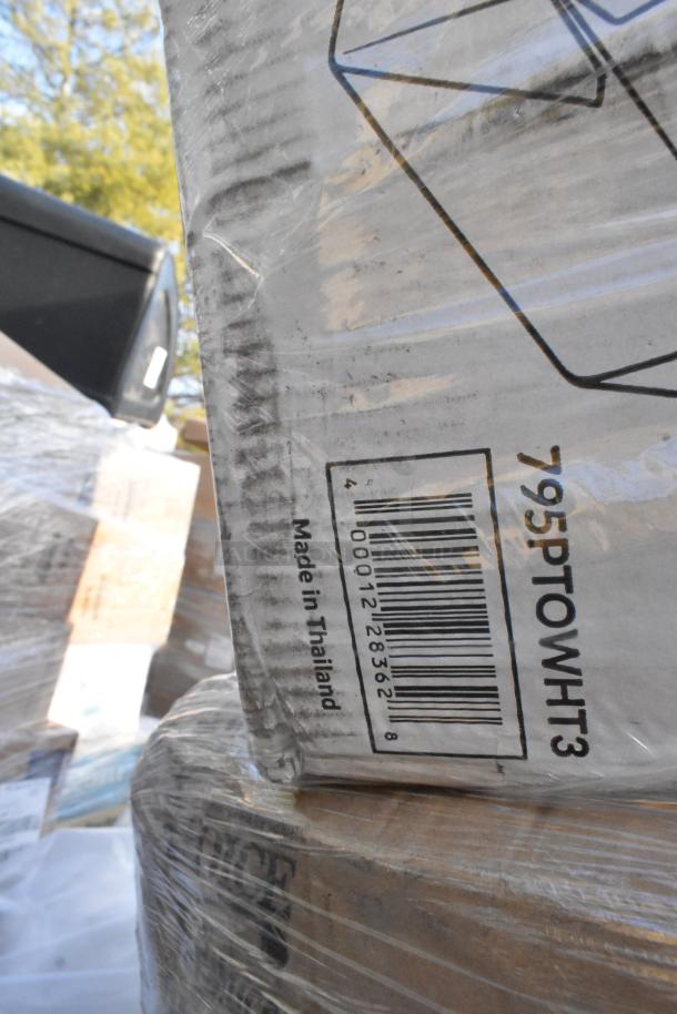 Box labeled "Made in Thailand" with barcode and code "795PTOWHT3," part of a 23-item lot of brand new scratch and dent stock including cold cups, containers, paper towels, and lid organizers.