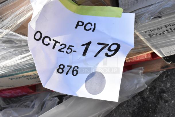 Auction lot of 29 brand new items with minor defects, including strip curtains and tabletop. Tag shows "PCI OCT25-179 876."