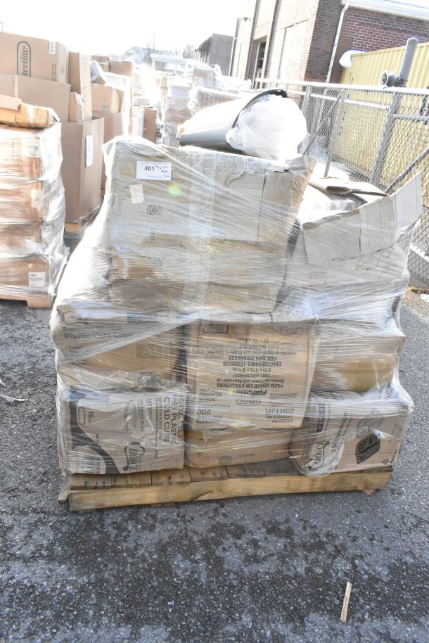 Pallet with 20 new scratch and dent items, including dispenser, cup sleeves, containers, cold cups, sealed in shrink wrap.