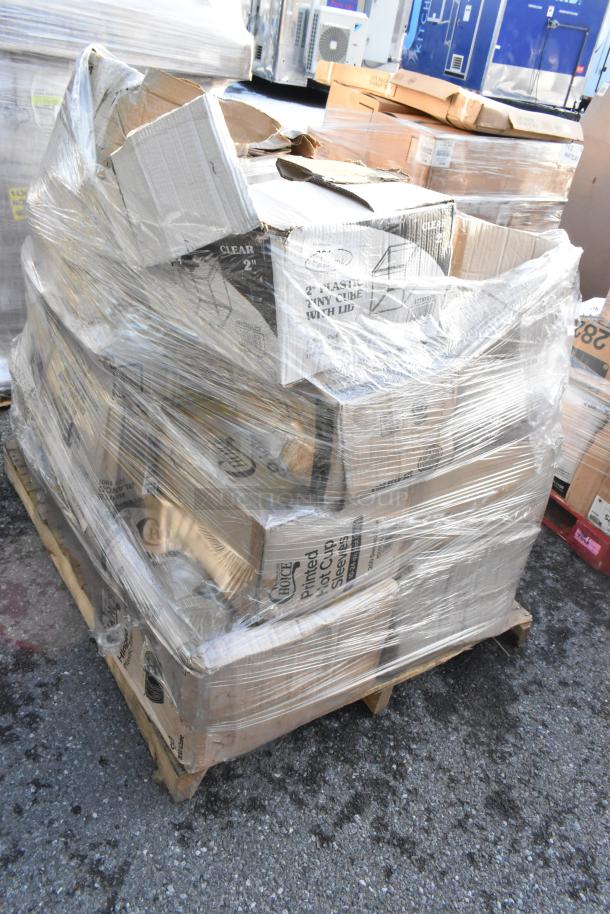 Pallet of 20 new mixed items wrapped in plastic; includes dispenser, cup sleeves, containers, and cold cups.