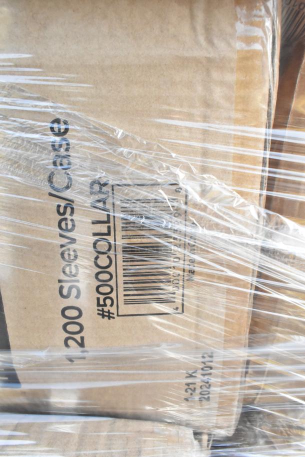 Box of 1200 cup sleeves marked #500COLLAR, wrapped in plastic. Part of a 20-item scratch and dent auction lot.