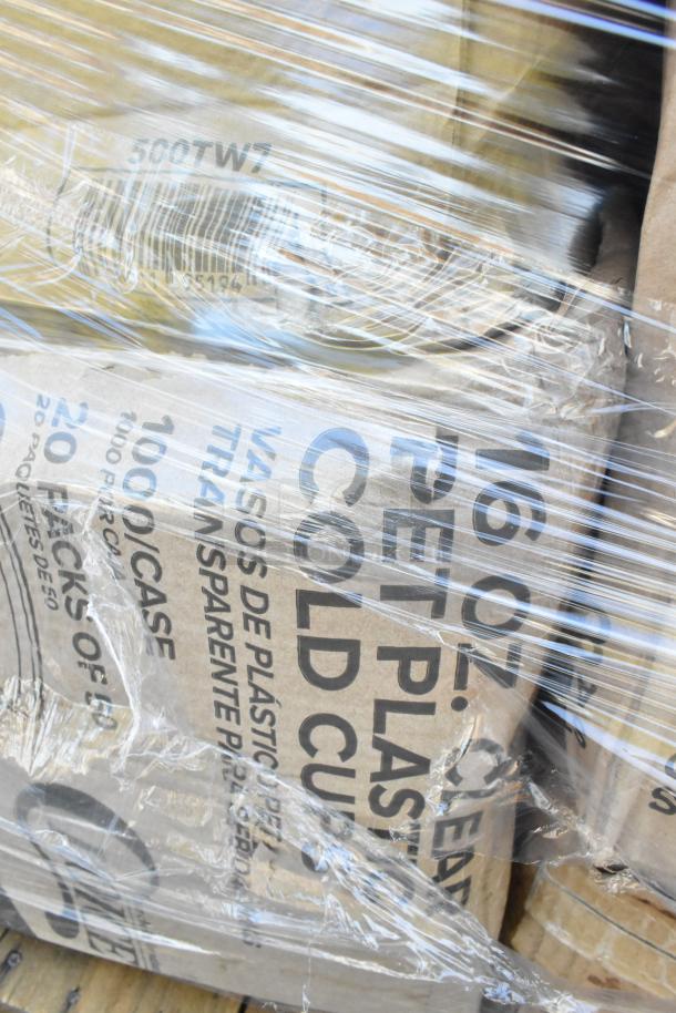 Pallet of 20 new scratch and dent items, including dispensers, cup sleeves, containers, and 16 oz. PET plastic cold cups.