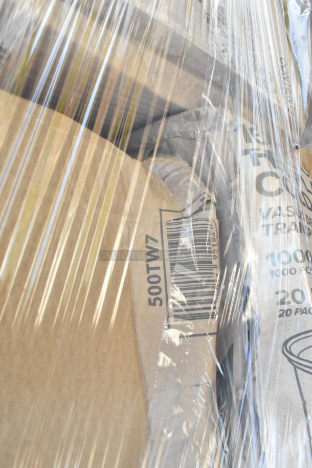 Bulk lot of 20 brand new scratch and dent items, including dispenser, cup sleeves, and containers, wrapped in plastic.