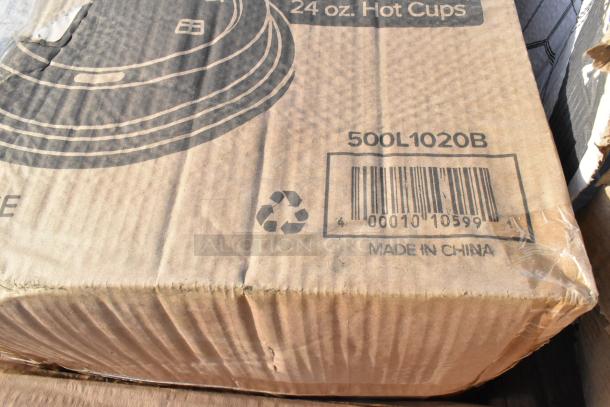 Cardboard box of 24 oz. hot cups, model 500L1020B, showing barcode and "Made in China" label. Box is slightly dented.