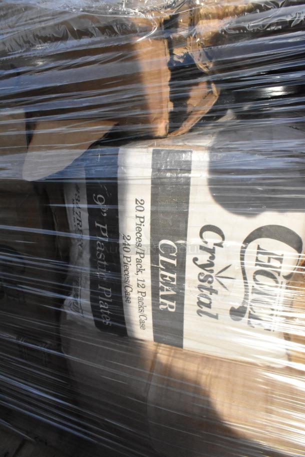 Sealed pallet with various packed items, including "9'' Plastic Plates" labeled as 20 pieces per pack and 12 packs per case.
