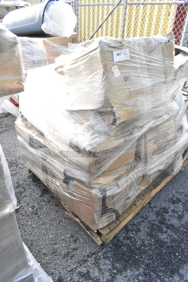Shrink-wrapped pallet of 20 mixed scratch and dent items including a dispenser, cup sleeves, containers, and cold cups.