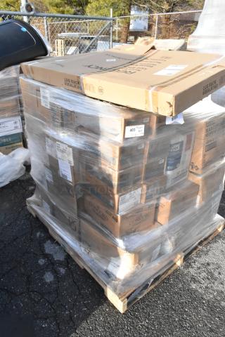 Pallet of 38 brand new scratch and dent items including lug rack, soap dispenser, and baguette bags. Boxes tagged "Lug Rack 600ALR3K0."