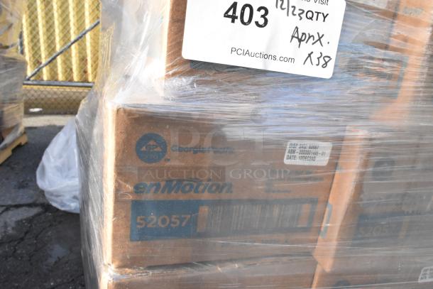 Pallet of 38 brand new scratch and dent items, wrapped in plastic. Includes Georgia-Pacific enMotion boxes, tagged lot number 403.