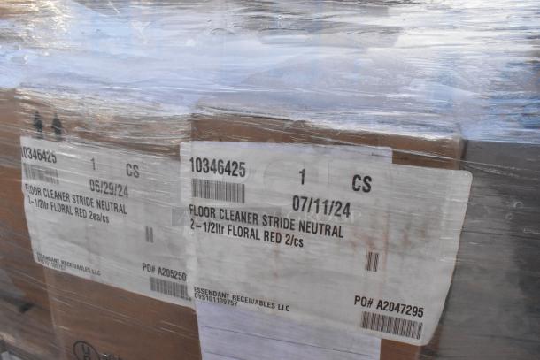 Pallet with assorted scratch and dent items, labels show floor cleaner details: Stride Neutral, 2-1/2ltr Floral Red, 2 cases.
