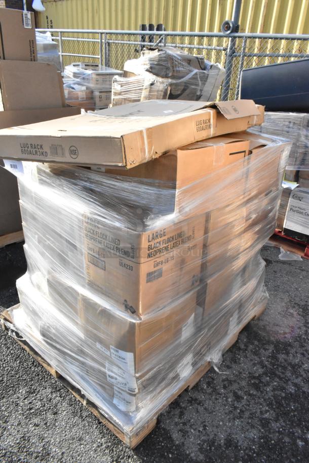 Pallet with 38 brand new, scratch and dent items including lug racks marked "600ALR3KD," soap dispensers, baguette bags.