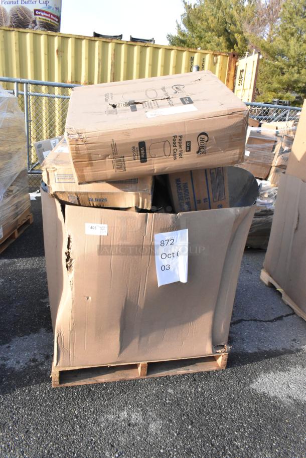 Cardboard box of mixed scratch and dent items, including hot cups, visible wear. Labels indicate 24-item lot.