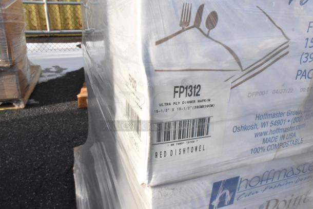 Pallet of Hoffmaster FP1312 dinner napkins, 15.5"x15.5", white/red dishtowel print, 750 per case, new condition.
