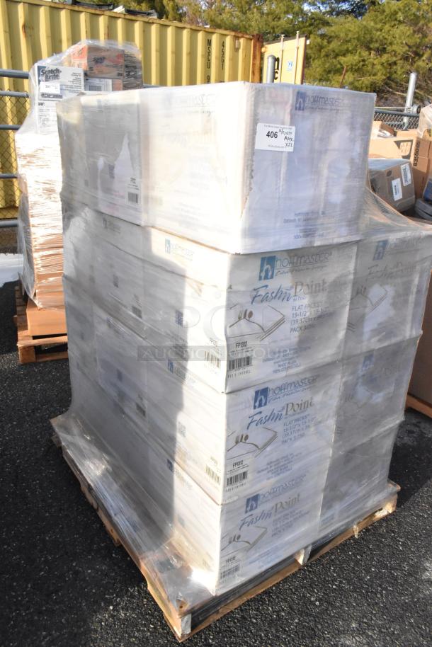 Pallet of 23 boxes of Hoffmaster FP1312 FashnPoint white/red dishtowel print dinner napkins, 750 per case, shrink-wrapped.