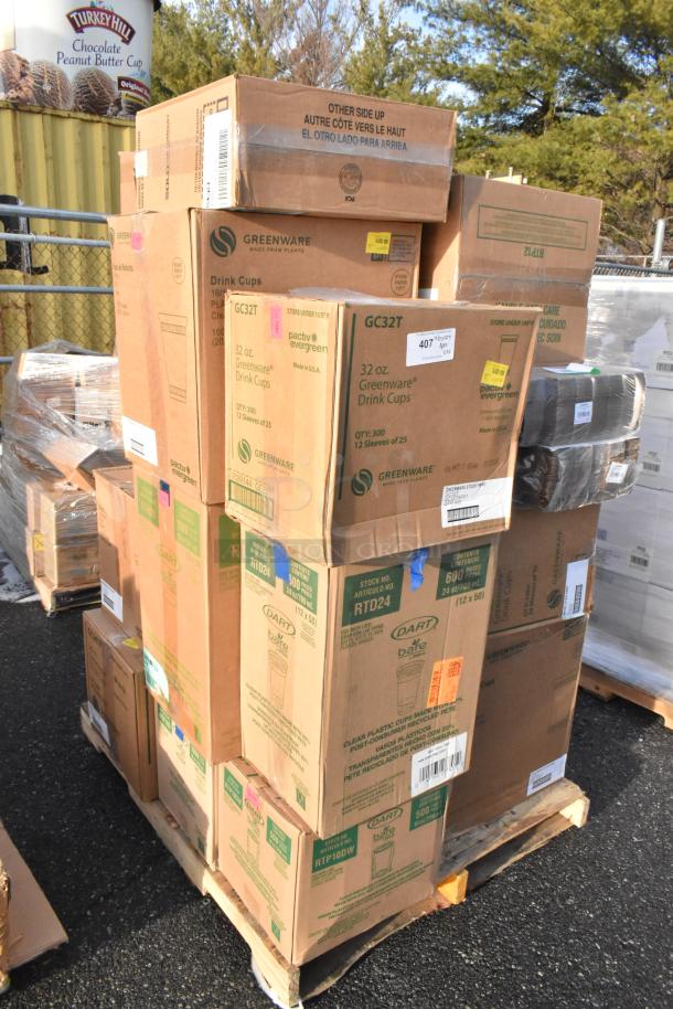 Pallet of brand new scratch and dent items in boxes. Includes Greenware drink cups, assorted trays, lids, and napkins.