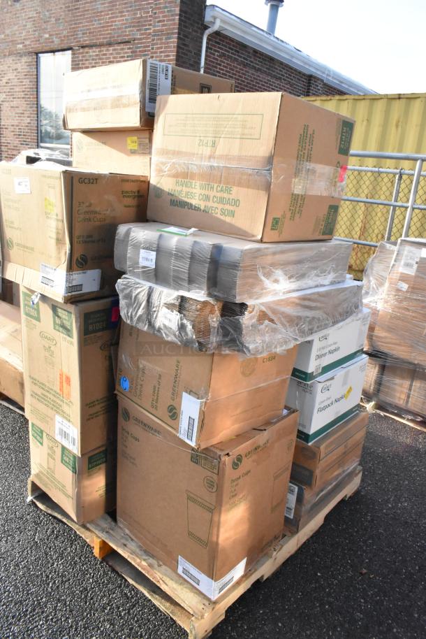 Pallet of 20 new scratch and dent items, including half trays, napkins, lids, boxed and partially wrapped in plastic.