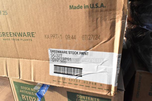 Box of Greenware items, marked "Made in USA," includes half trays, napkins, and lids. Label: GC32T, QTY: 300.