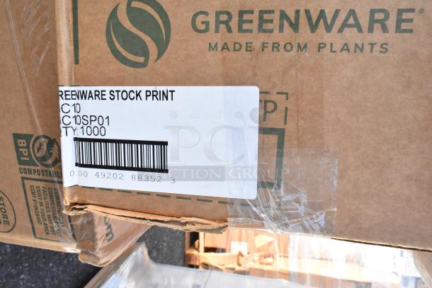 Box of Greenware items, marked "Stock Print," Qty: 1000. Box shows wear. Contains trays, napkins, lids. Scratch and dent.