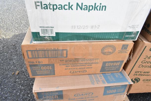 Boxes of Flatpack Napkins and Dart lids, new condition, visible labels indicate 500-count cases.