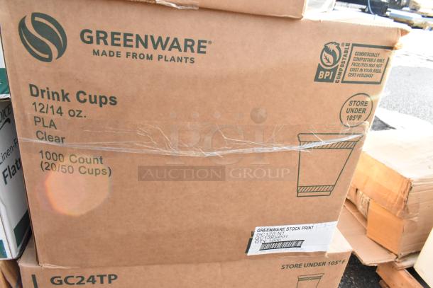 Box of Greenware drink cups, 12/14 oz, PLA, clear, 1000 count. Features compostable label.
