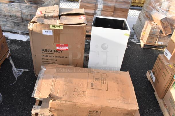 Regency glass rack storage unit, partially opened box; white trash can beside. Labels indicate heavy, fragile.