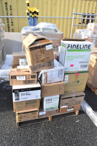 Pallet of 33 new scratch and dent items including foil bags, beverage glasses, tasting forks, plastic flatware, box labels visible.