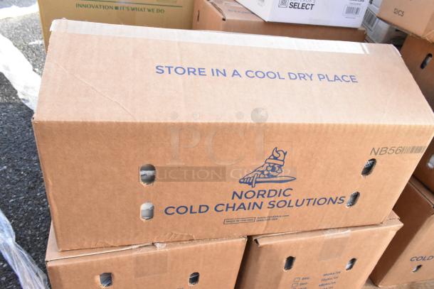 Cardboard box labeled "Nordic Cold Chain Solutions" containing assorted new scratch and dent items, including tasting forks and foil bags.