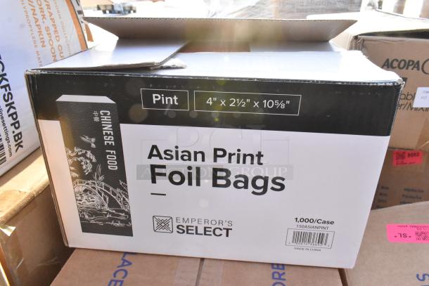 Box of Asian Print Foil Bags, Emperor's Select, Pint size, 4"x2.5"x10.625", 1000/case, new condition, scratch and dent sale.
