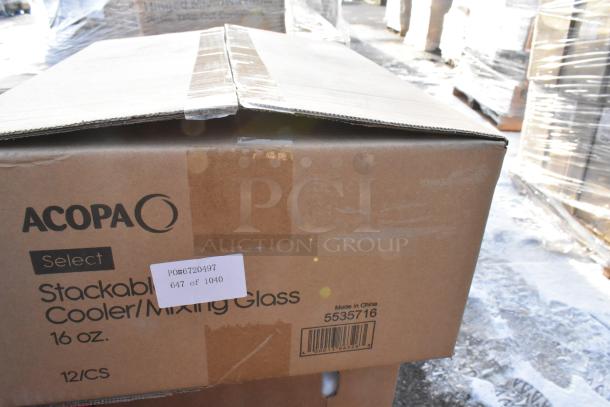 Box of Acopa Select 16 oz Stackable Cooler/Mixing Glasses, marked with PO#6720497, carton 647 of 1040, new condition.