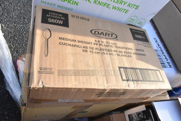 Box of Dart medium weight PP plastic teaspoons, white, 5.9 inches, 1000 pieces. Box shows minor wear, carton labeled "S60W".