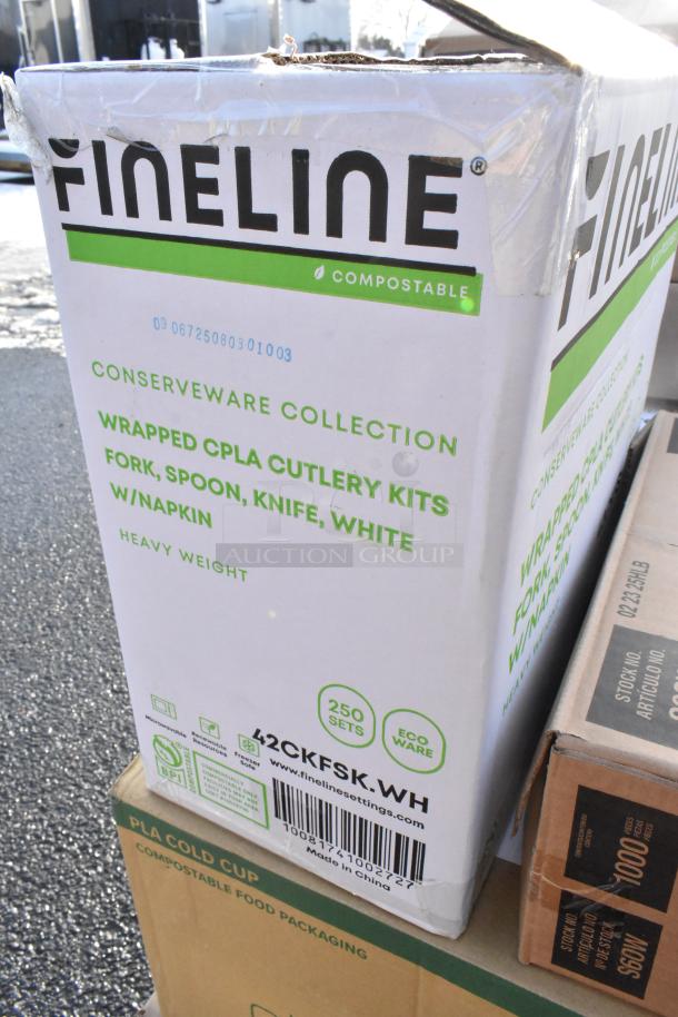 Box of 250 Fineline compostable wrapped CPLA cutlery kits, heavy weight, white with napkin, eco-friendly packaging.