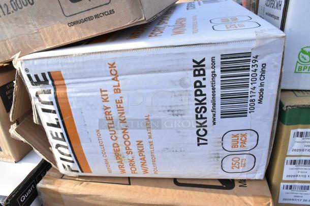 Box of Fineline wrapped cutlery kits, black, including forks, spoons, knives, napkins. Bulk pack, 250 sets. Scratch and dent condition.