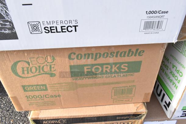 Stacked boxes including EcoChoice compostable forks and Emperor’s Select items, labeled “Brand New Scratch and Dent.”