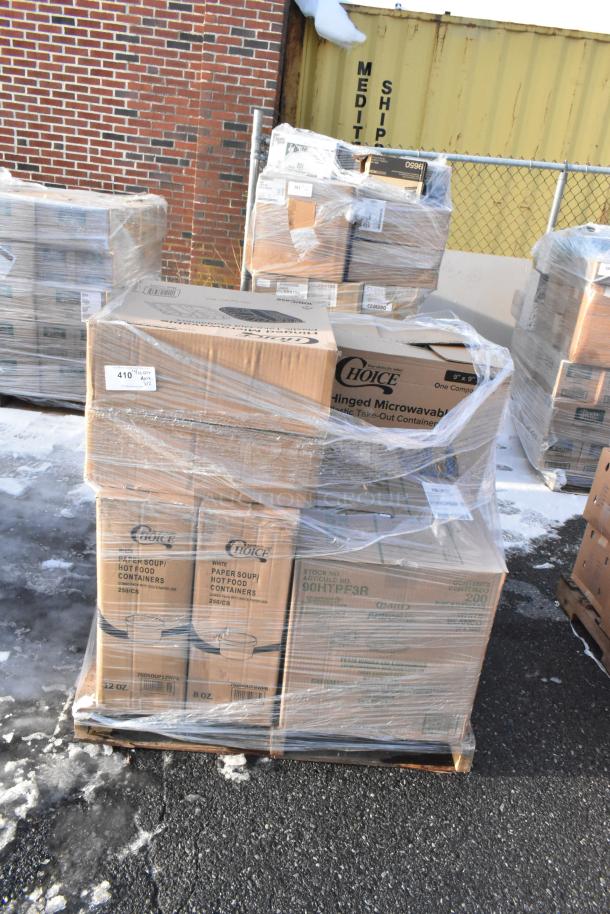 Pallet of 12 brand new scratch and dent boxes, including Choice containers and lids, wrapped in plastic.