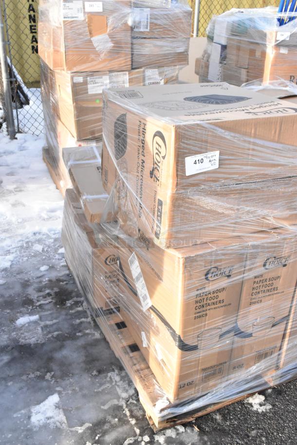 Boxes of new "Choice" brand paper soup containers on pallets, shrink-wrapped, with labels indicating 12 units per bid.